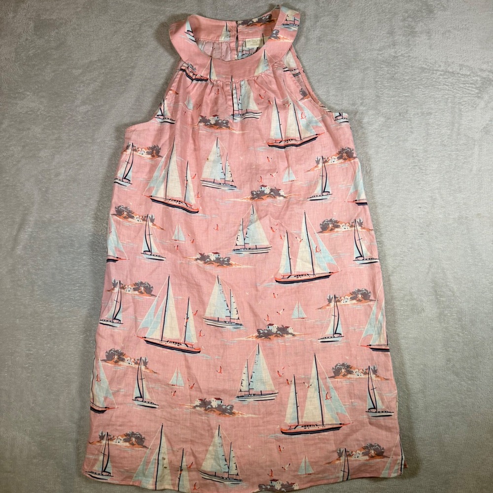 St Tropez West Pink Linen Sailboat Print Halter Shift Dress W Small‎ Nautical